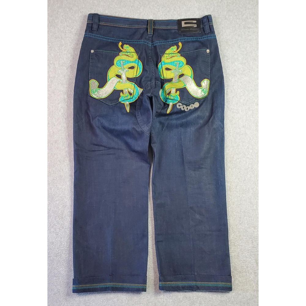 Coogi Jeans Tag Sz 40x34 Fits 38X30 Blue Wide Leg Snake Dagger Embroidered Denim